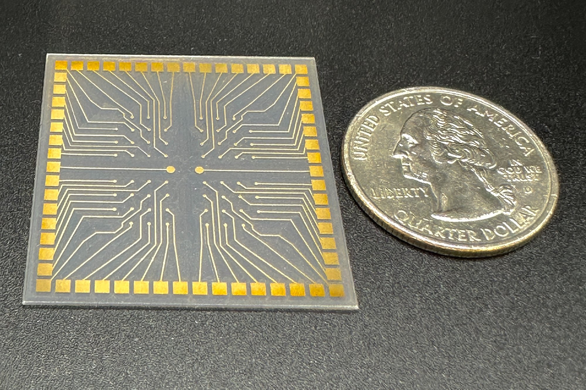 Multi-electrode array ablated in gold on a clear substrate, next to a US quarter
