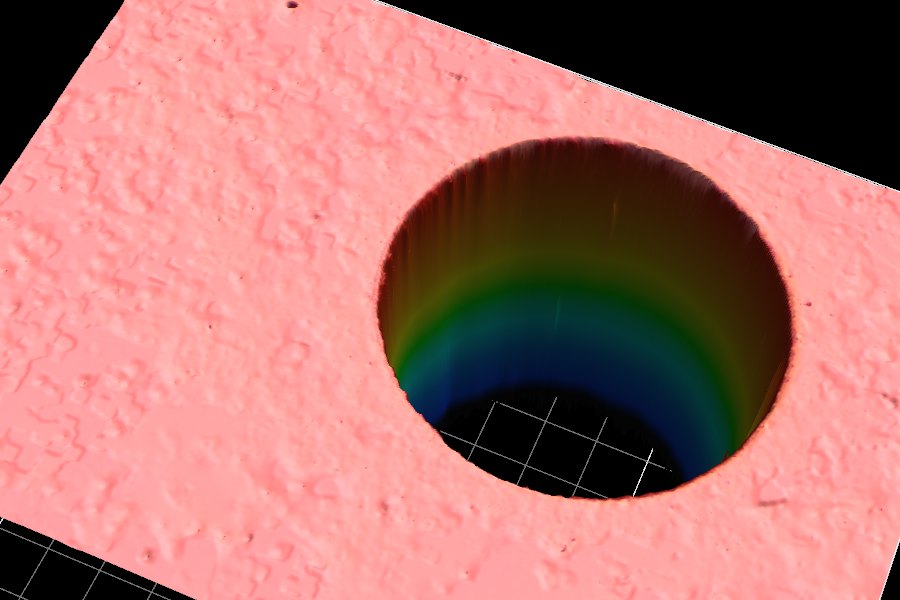 3D height map of a round through-hole laser-drilled in a silicon wafer