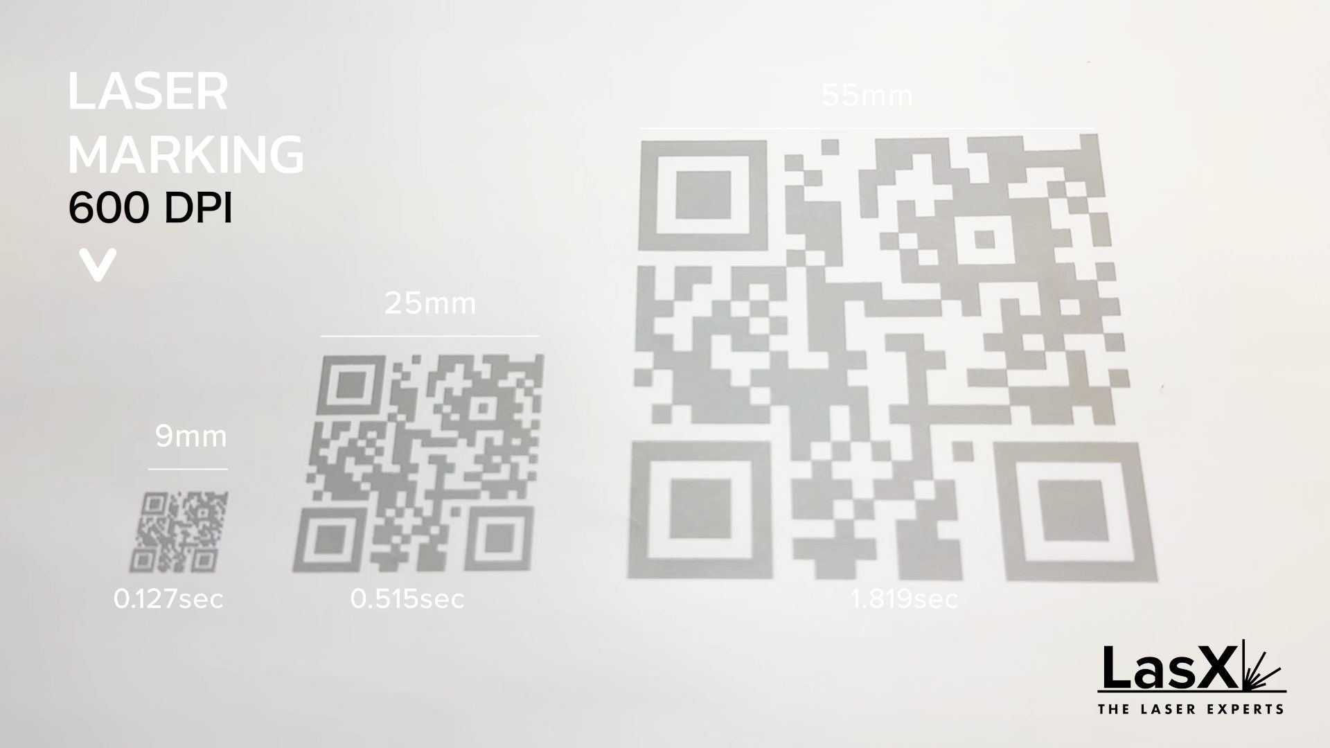 Laser-marked QR codes at several sizes on a test card, marked at 600 dpi