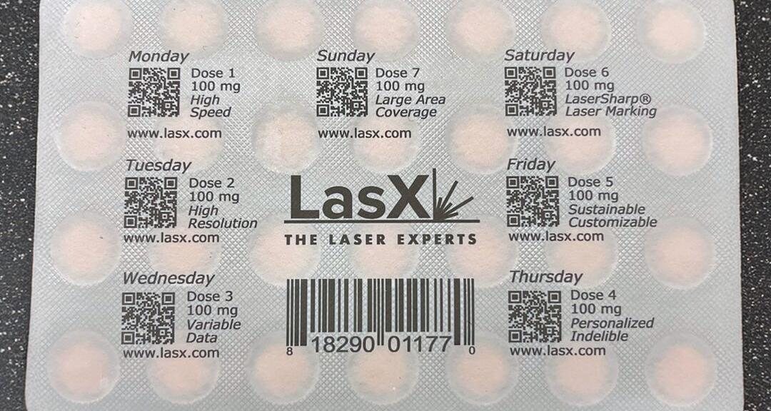 Blister pack with laser-marked variable data, QR codes, and a barcode