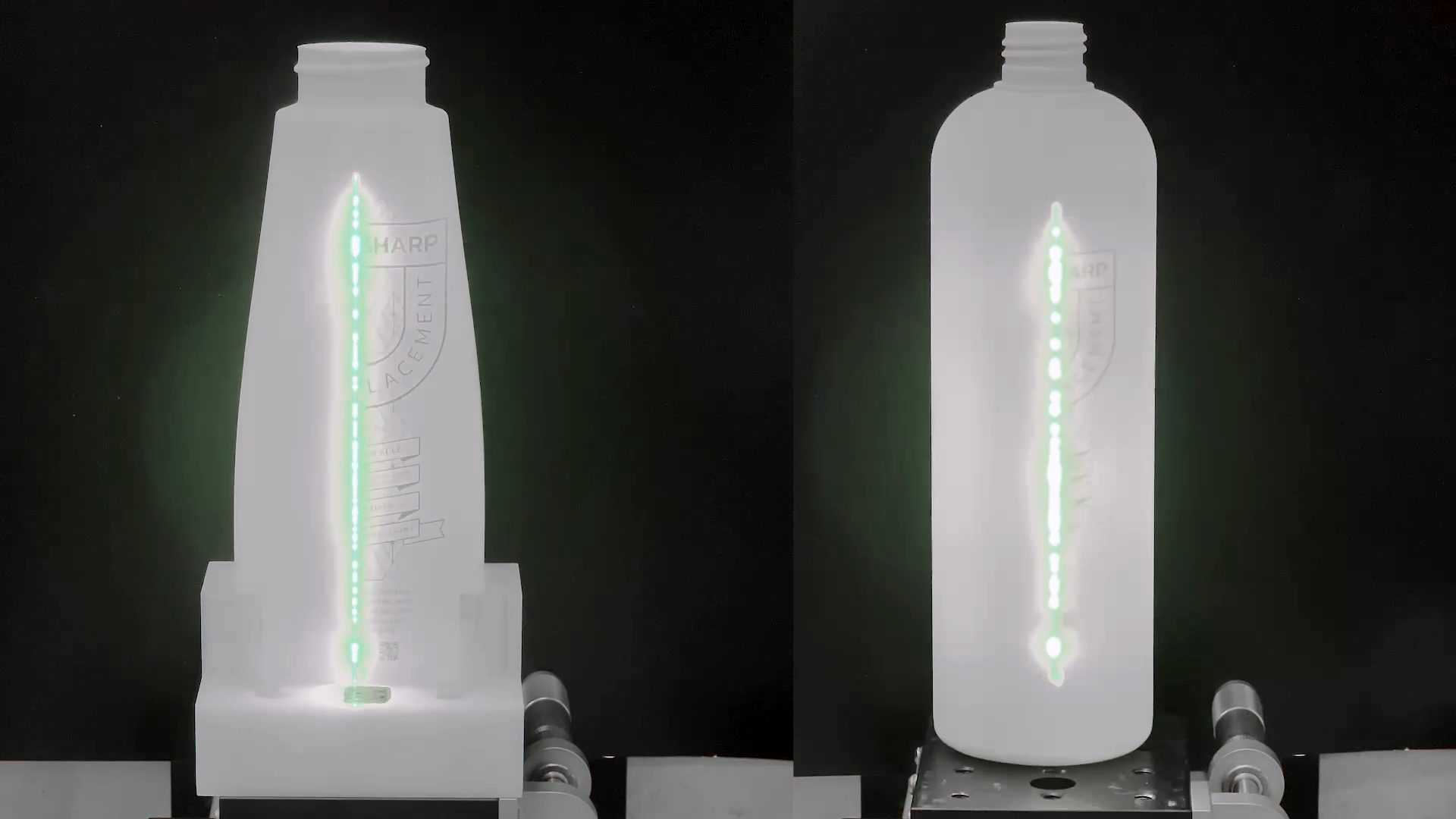 Laser line marking two white bottles side by side