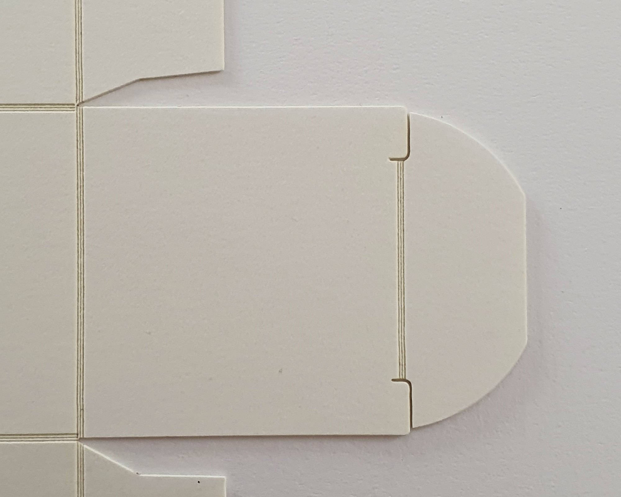 Inside face of a white carton blank with laser-scored fold lines and tuck-flap slits