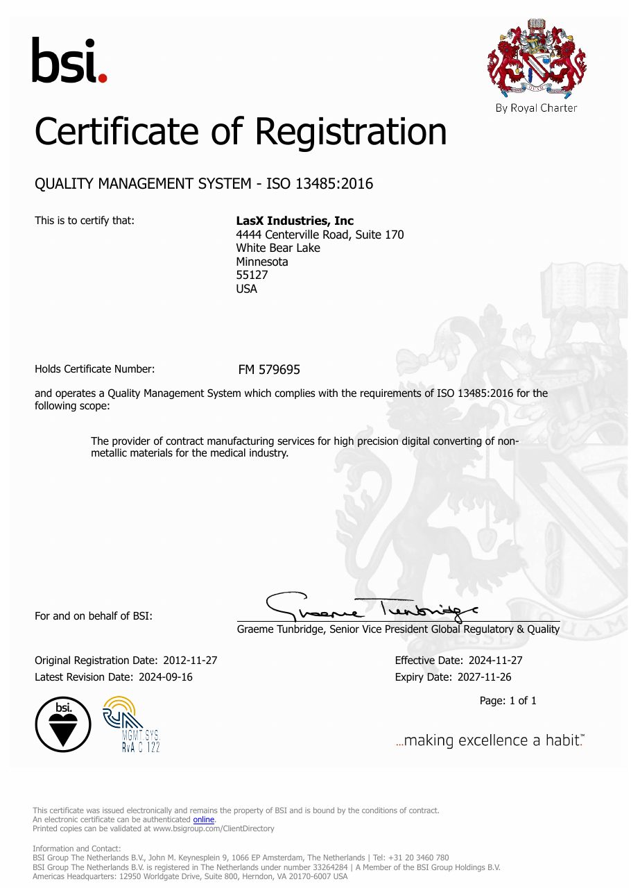 BSI Certificate of Registration FM 579695: LasX Industries, Inc operates a quality management system that complies with ISO 13485:2016