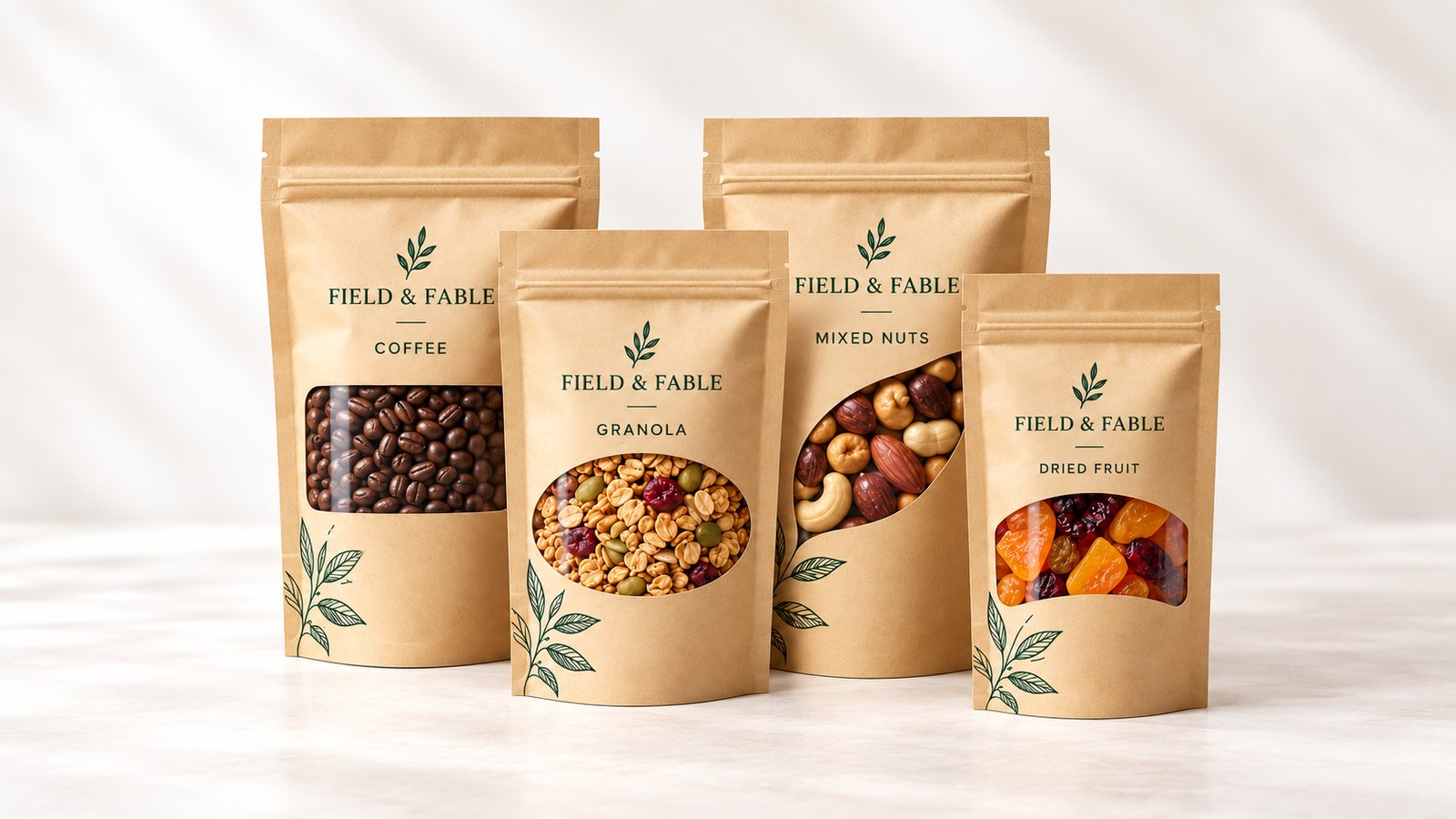 Illustration of four kraft stand-up pouches with contour-cut display windows