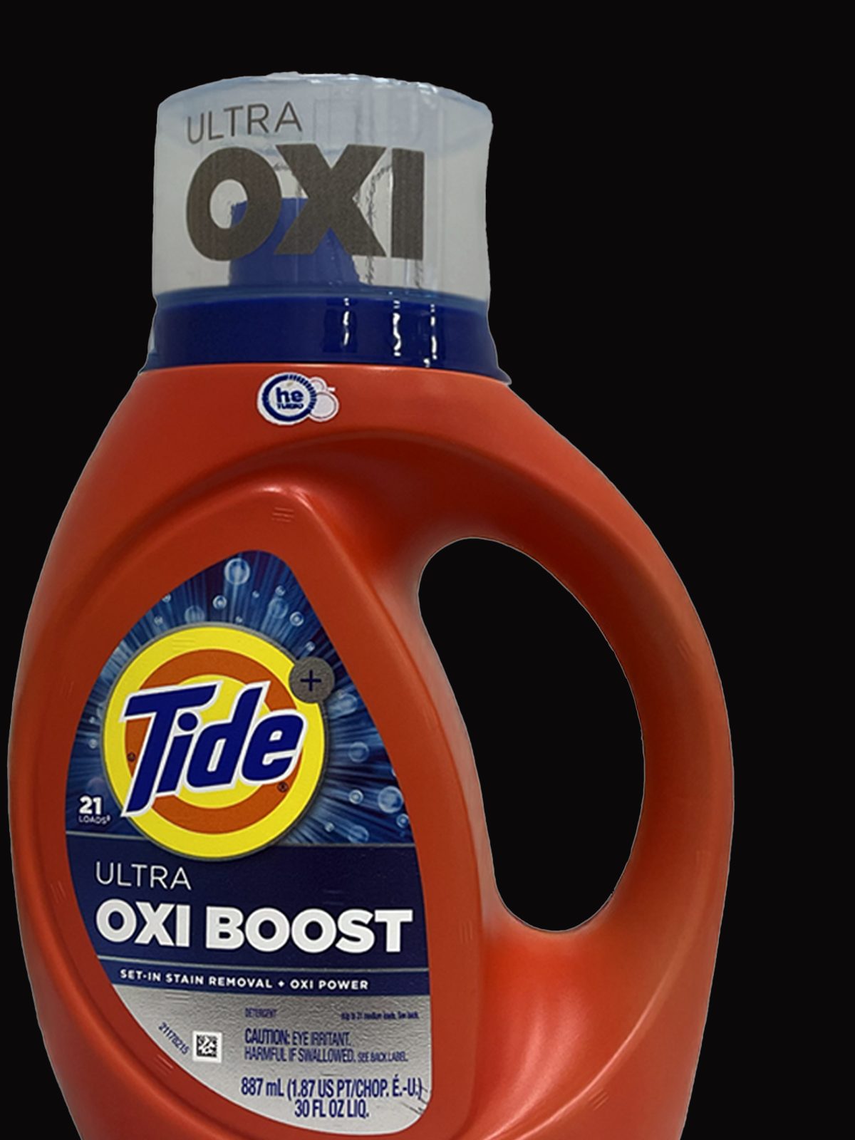 Tide Ultra OXI Boost bottle with a laser-marked cap and body, on black