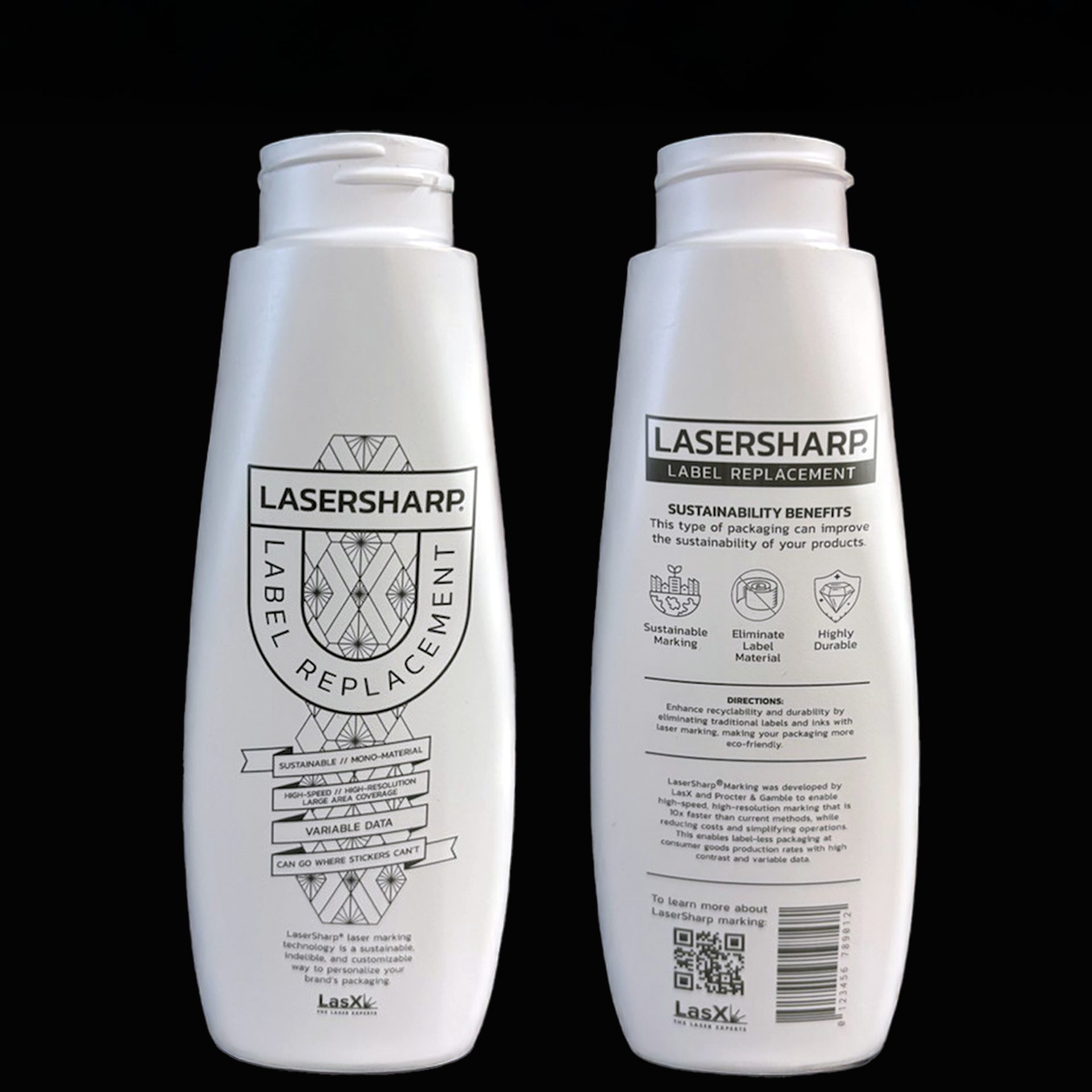 White bottles laser-marked front and back with a label-replacement design, on black