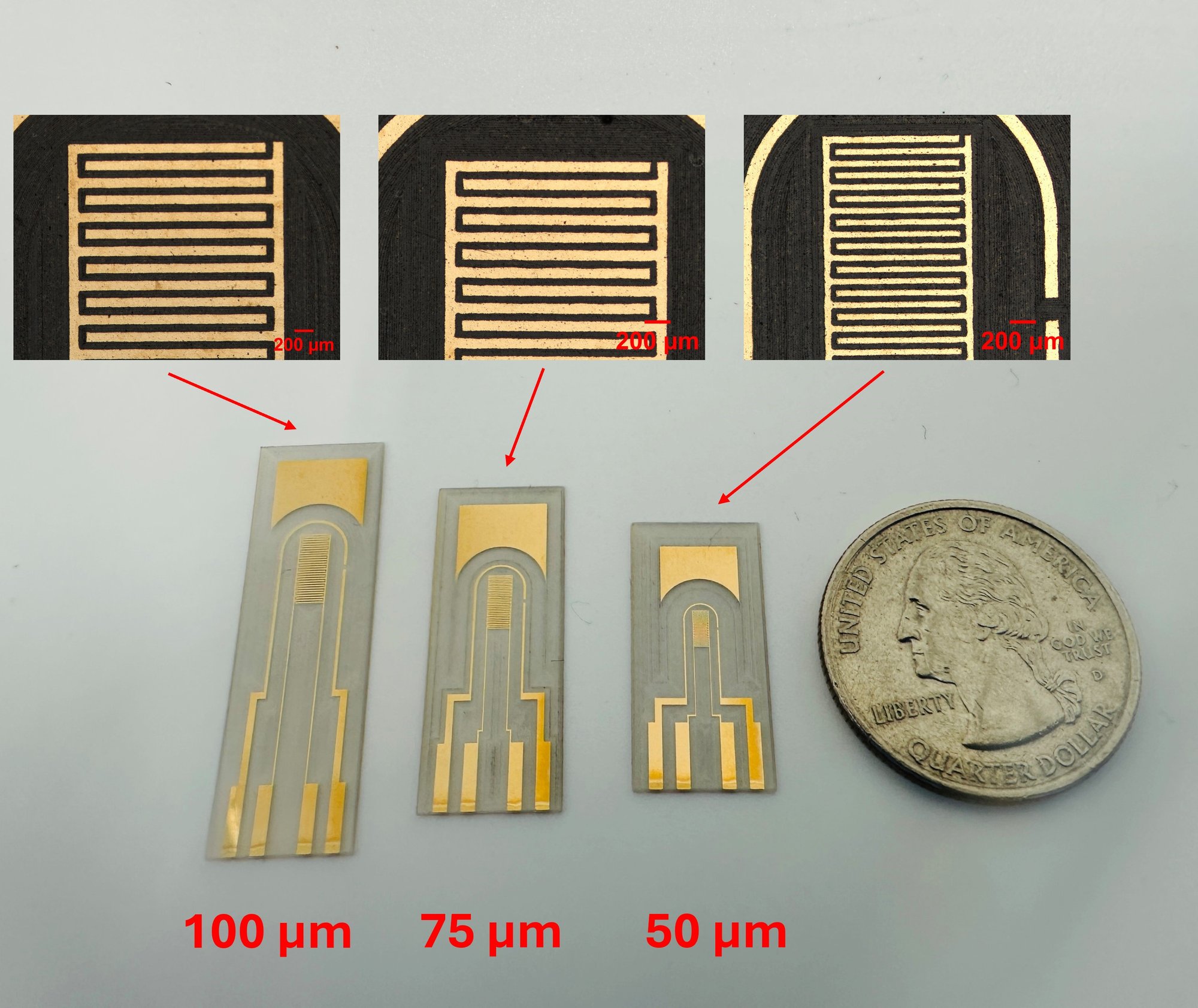 Gold electrodes laser-ablated on polymer film at 100, 75 and 50 µm feature sizes, with micrograph insets and a coin for scale