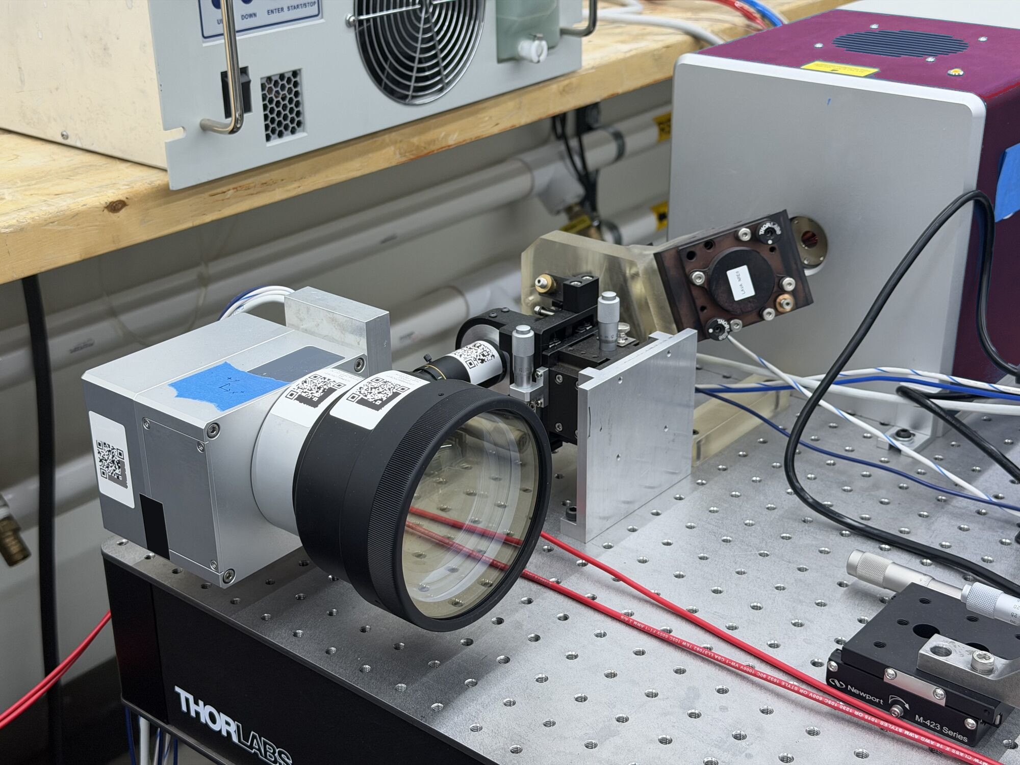 Scan head and F-theta lens on an optical breadboard in the PhotonX Innovation Lab