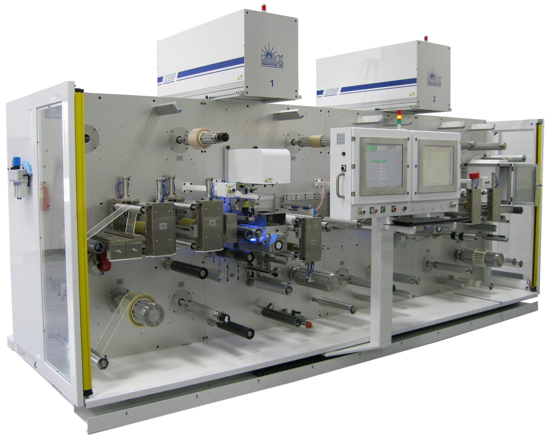 LasX MicroLam narrow-web roll-to-roll converting machine with two LaserSharp® processing modules, operator HMI, and light-curtain guarding