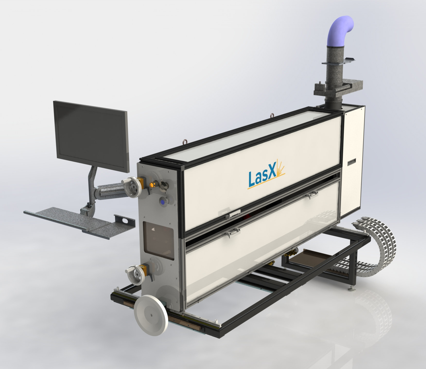 Scoreline CAD render — the enclosed easy-open scoring module on its carriage frame, with operator display, fume extraction duct and web rollers