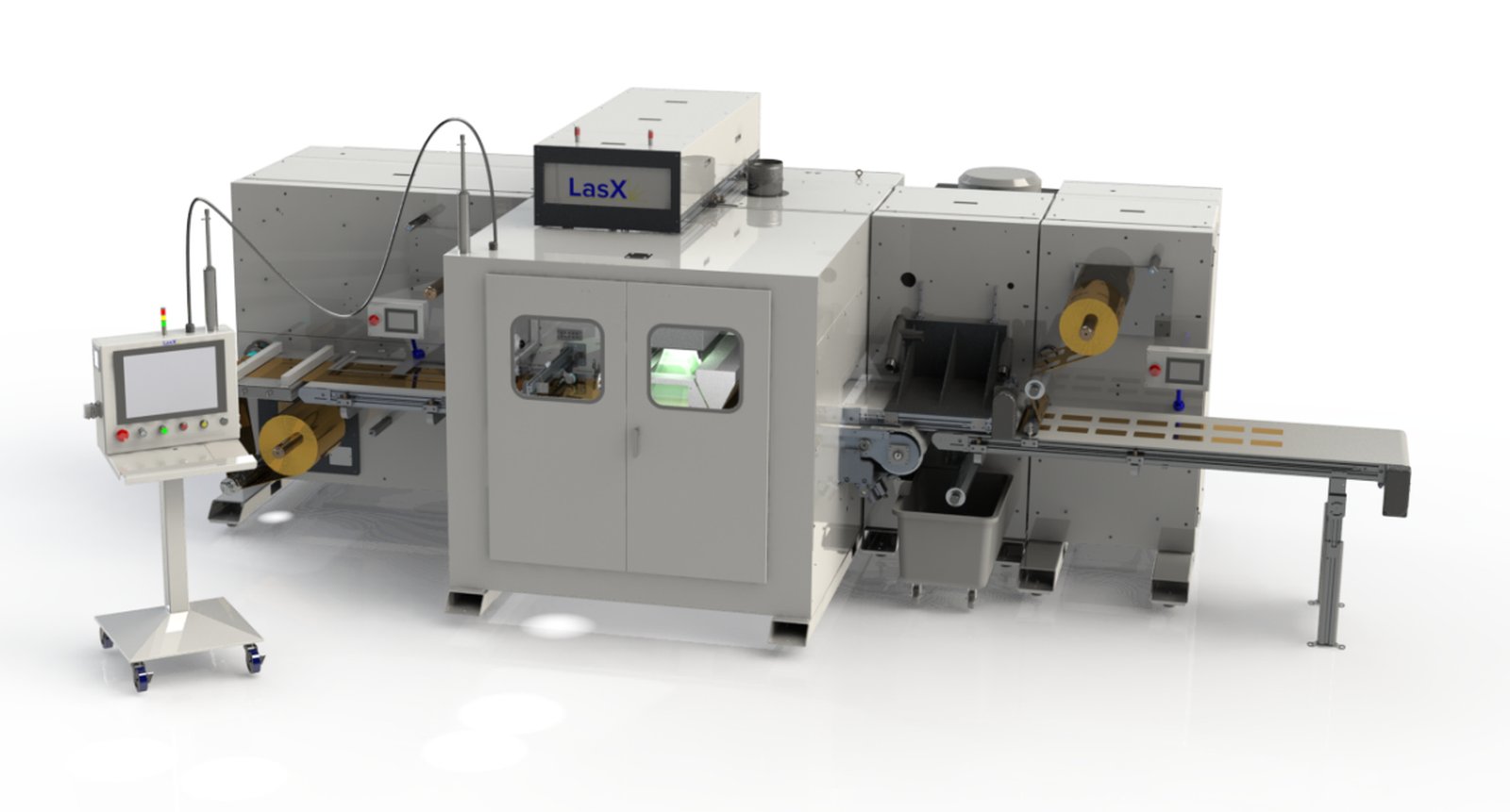 SmartFinish CAD layout — roll unwind, enclosed laser cutting cell, and part separation with sorted parts exiting on the conveyor